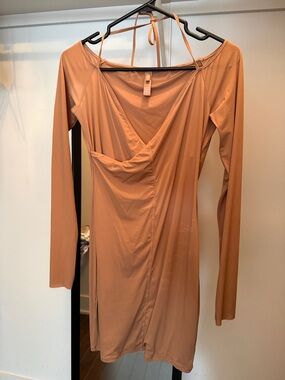 SKIMS Long Sleeve Wrap Mini Dress Tan